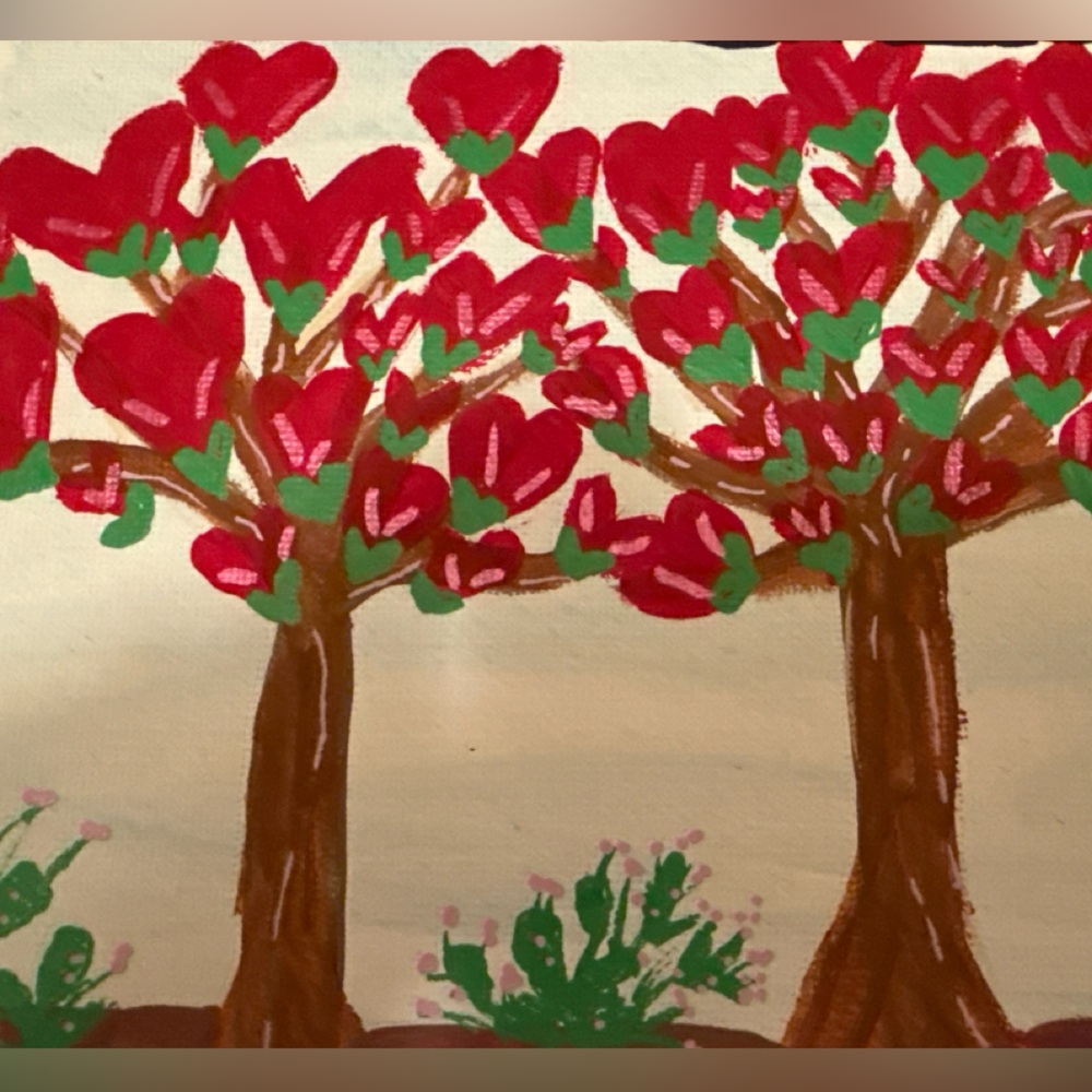 Vibrant Canvas with Red and Green Tree Design